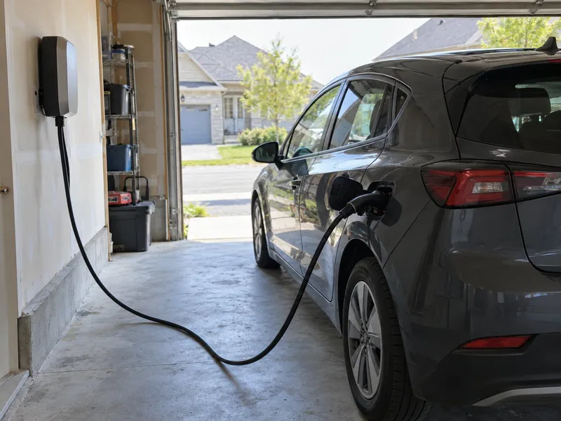 A wall-mounted EV charger in a residential garage has its cable plugged into the side charge port of a grey hatchback, and the open garage door shows a suburban street.