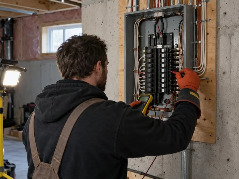 An electrician in rubber insulated gloves tests an open residential breaker panel with a yellow multimeter; the panel is mounted on a plywood backboard on a concrete basement wall.