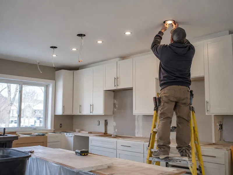 An electrician on a yellow fibreglass step ladder fits an LED pot light into the ceiling of a kitchen under renovation, with more pot lights installed and wires hanging from open holes.